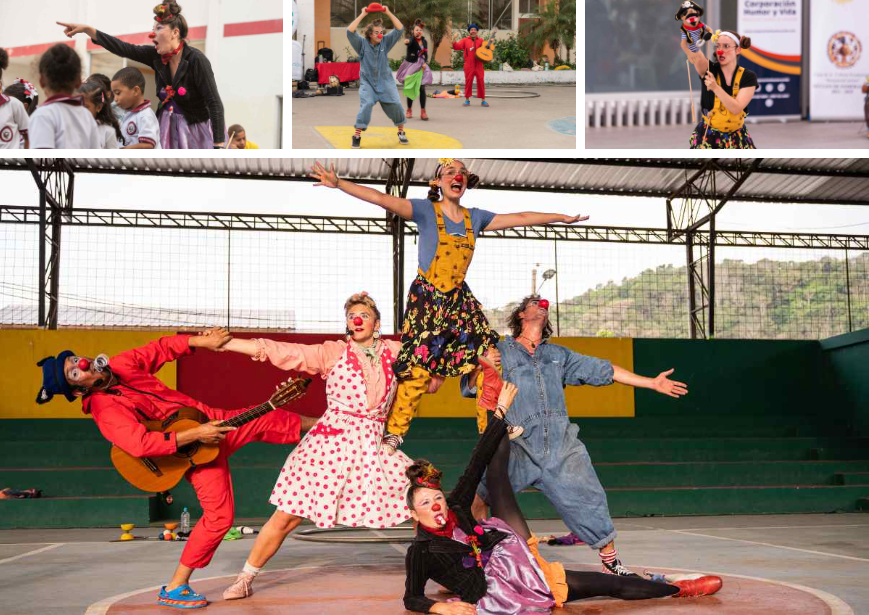 Five clowns pose during a performance to combat xenophobia in Ecuador.